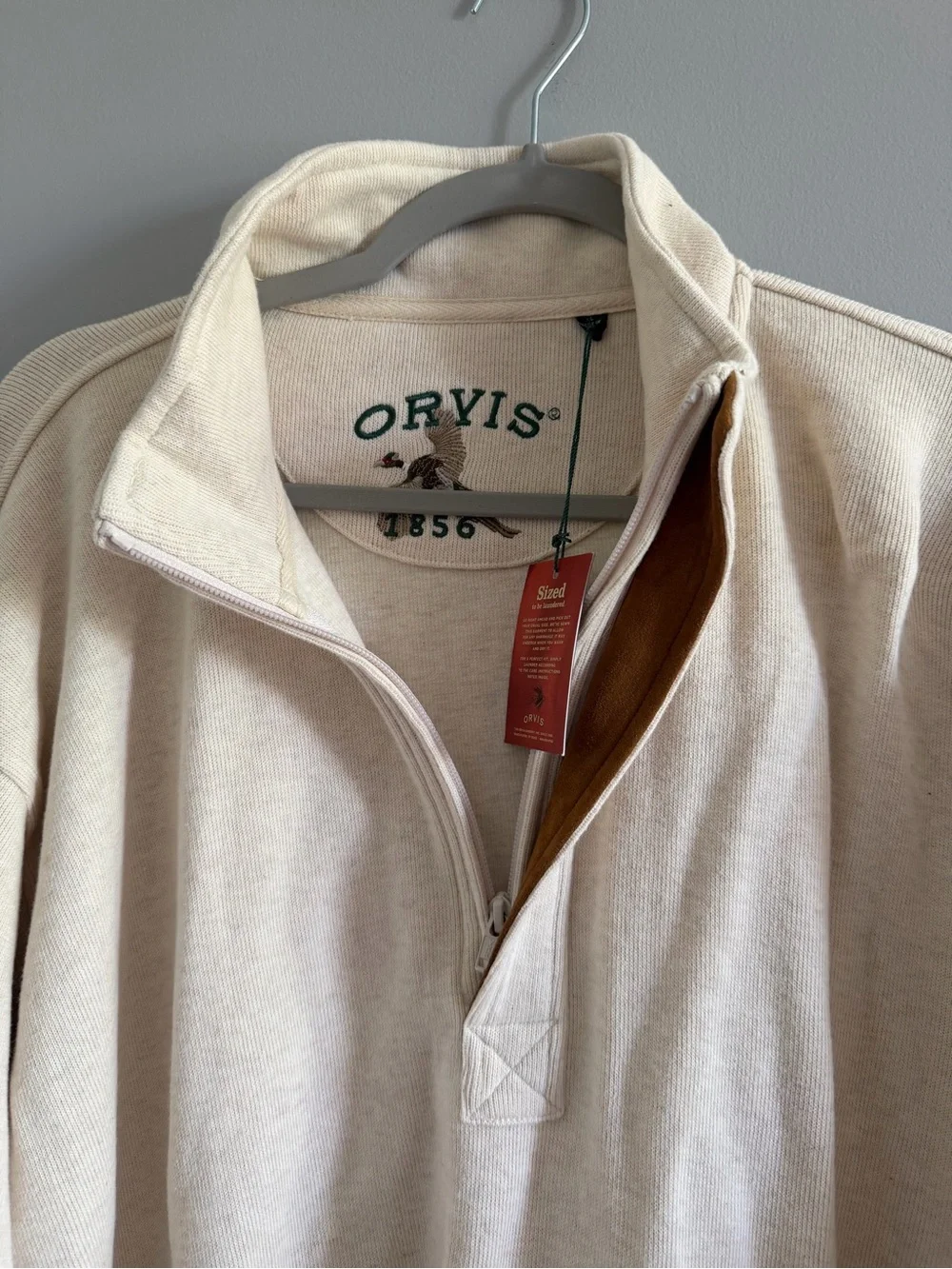 Orvis 1856 Quarter Zip Sweatshirt Cream Suede Elbow Patch XL NWT